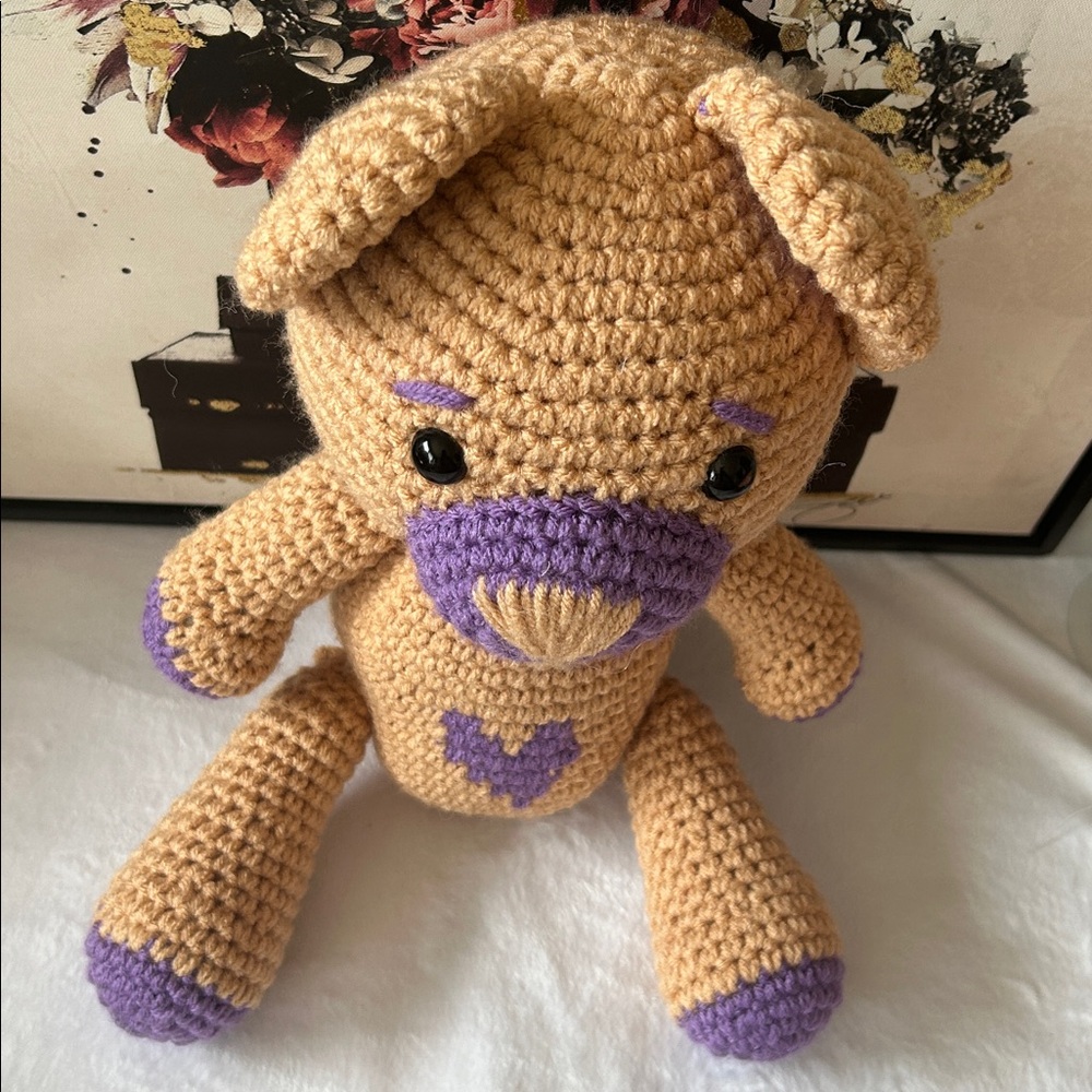 Crochet Teddy Bear with Purple Dress - Handmade - Picture 3 of 6
